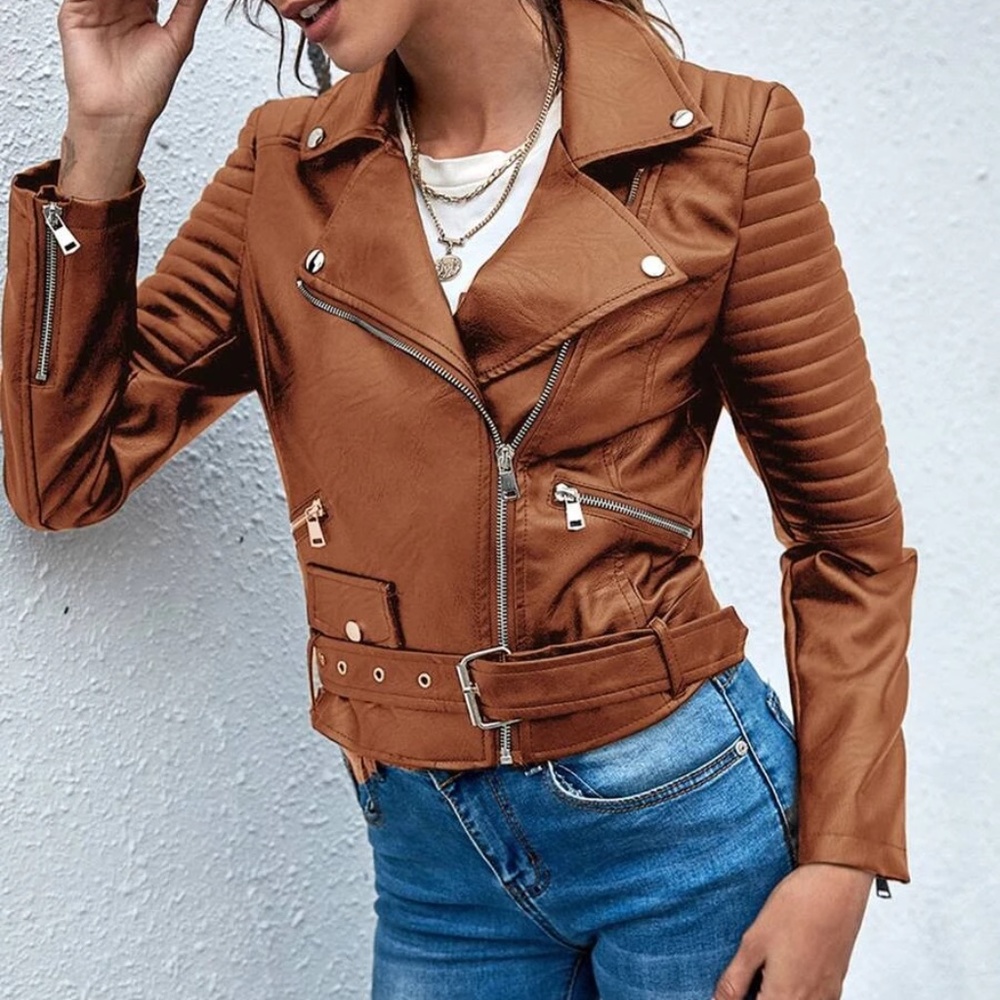 Luxe Vegan Leather Moto Biker Zipper Jacket - Picture 2 of 8